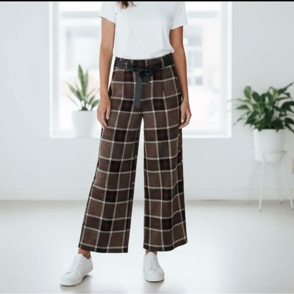 MADE IN ITALY Plaid Wide-Leg Pants